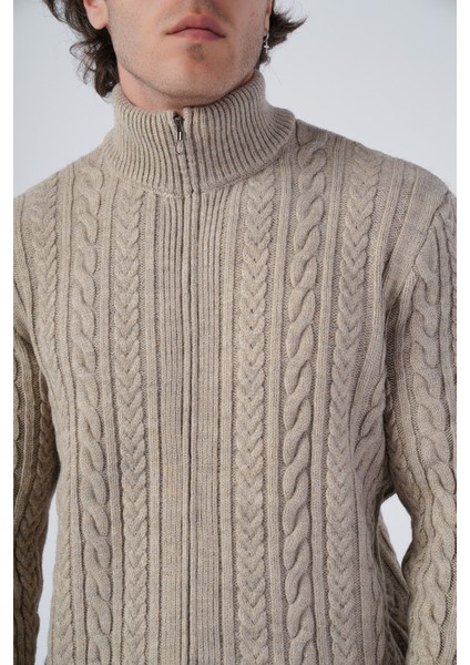 Erkek Vizon Saç Örgülü Yürütme Fermuarlı Dik Yaka Triko Yün Hırka TRIST-5297 indirimleri