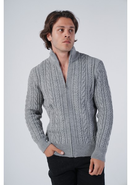 Erkek Gri Saç Örgülü Yürütme Fermuarlı Dik Yaka Triko Yün Hırka TRIST-5297