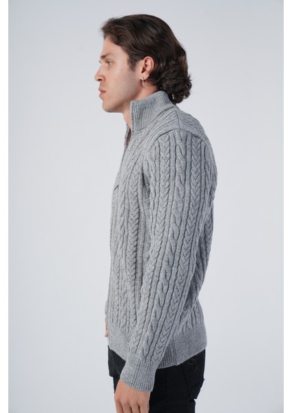Erkek Gri Saç Örgülü Yürütme Fermuarlı Dik Yaka Triko Yün Hırka TRIST-5297 fırsatları