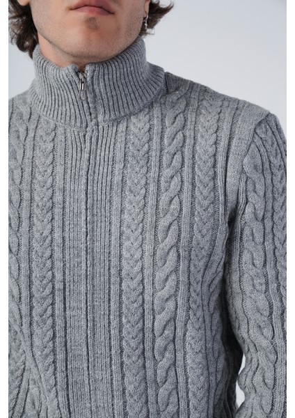 Erkek Gri Saç Örgülü Yürütme Fermuarlı Dik Yaka Triko Yün Hırka TRIST-5297 indirimleri