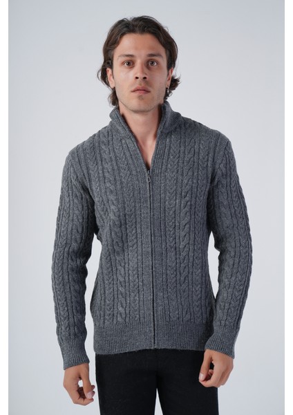 Erkek Koyu Gri Saç Örgülü Yürütme Fermuarlı Dik Yaka Triko Yün Hırka TRIST-5297