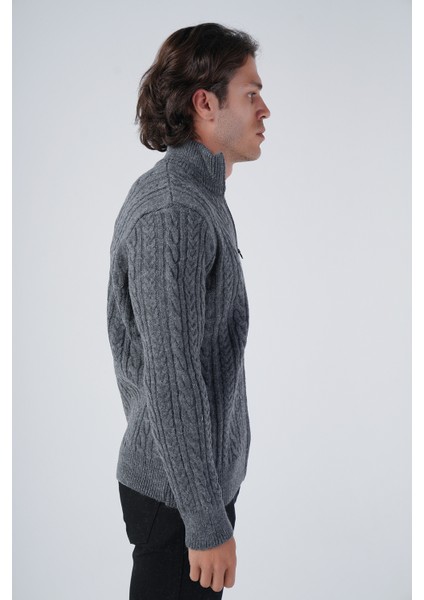 Erkek Koyu Gri Saç Örgülü Yürütme Fermuarlı Dik Yaka Triko Yün Hırka TRIST-5297 fiyatları