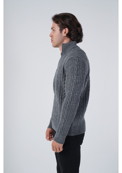 Erkek Koyu Gri Saç Örgülü Yürütme Fermuarlı Dik Yaka Triko Yün Hırka TRIST-5297 fırsatları