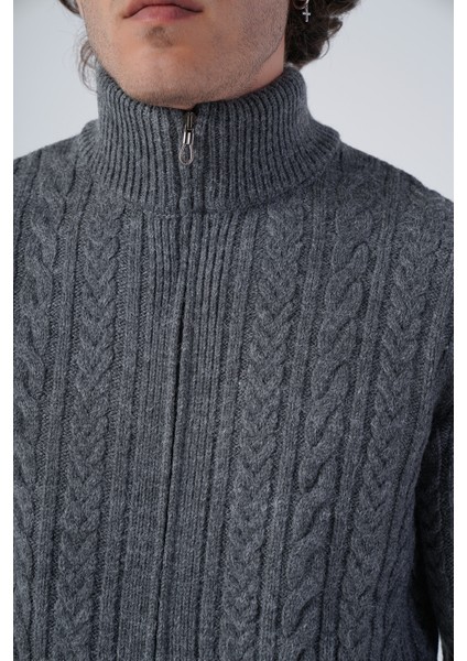 Erkek Koyu Gri Saç Örgülü Yürütme Fermuarlı Dik Yaka Triko Yün Hırka TRIST-5297 indirimleri