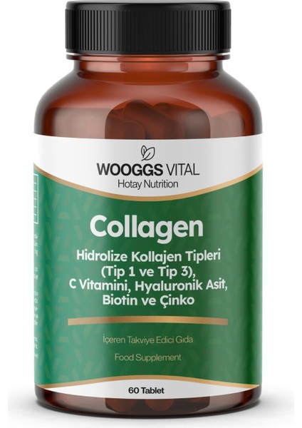 Woogss Vital Hidrolize Kollajen Tipleri (Tip 1 ve Tip 3), C Vitamini, Hyaluronik Asit, Biotin ve Çinko Takviye Edici Gıda 60 Tablet