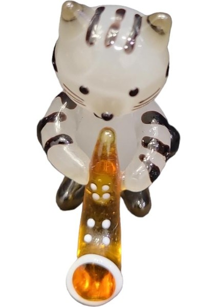 El Yapımı Cam Sarı Saksafon Çalan Siyah Çizgili Kedi Biblo Minik Cam 4X4X3CM