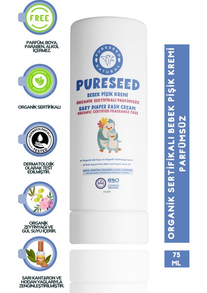 Pureseed Natural Organik Sertifikalı Bebek Pişik Kremi Parfümsüz - 75 ml