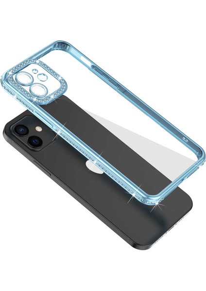 Apple iPhone 11 Kılıf Kamera Korumalı Kenarları Renkli Taşlı Parlak Silikon Kapak (Mina)