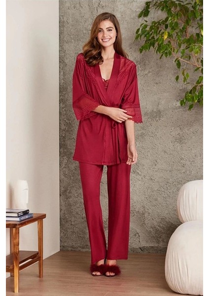 2820 Kadın Bordo Dantelli Penye 3'lü Sabahlıklı Pijama Takım