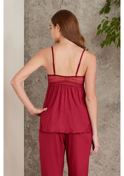 2820 Kadın Bordo Dantelli Penye 3'lü Sabahlıklı Pijama Takım fiyatları
