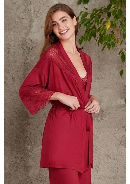 2820 Kadın Bordo Dantelli Penye 3'lü Sabahlıklı Pijama Takım fırsatları