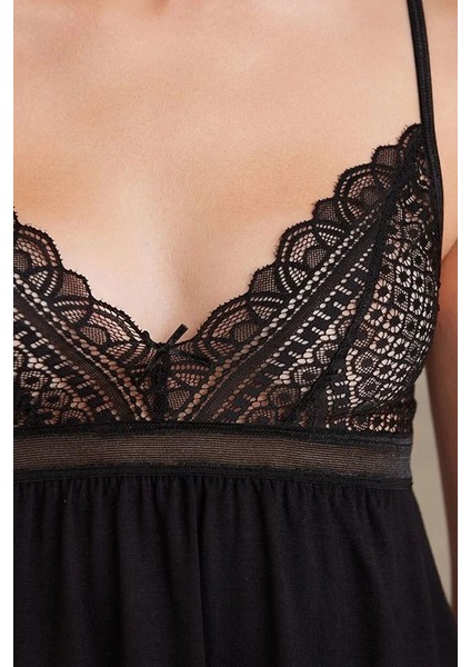 2820 Kadın Siyah Dantelli Penye 3'lü Sabahlıklı Pijama Takım