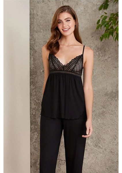 2820 Kadın Siyah Dantelli Penye 3'lü Sabahlıklı Pijama Takım