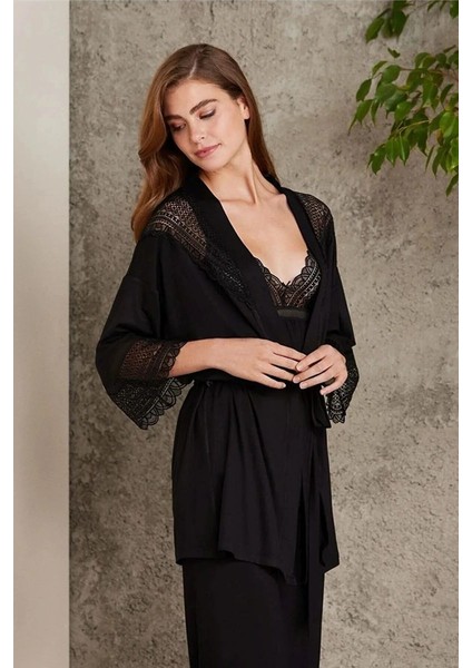 2820 Kadın Siyah Dantelli Penye 3'lü Sabahlıklı Pijama Takım