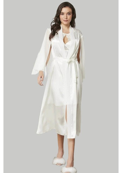 Saten Dantelli Gecelik ve Sabahlık Takımı 4375 Ekru