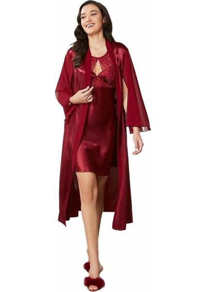 Saten Dantelli Gecelik ve Sabahlık Takımı 4375 Bordo