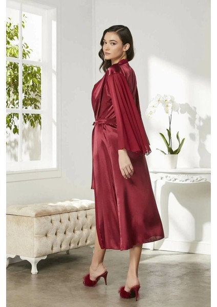 Saten Dantelli Gecelik ve Sabahlık Takımı 4375 Bordo fiyatları