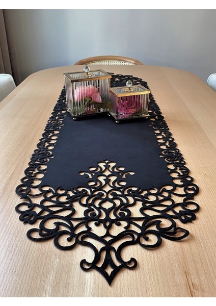 Siyah Kadife Kumaş Runner Sehpa Boyu 40X100 Cm