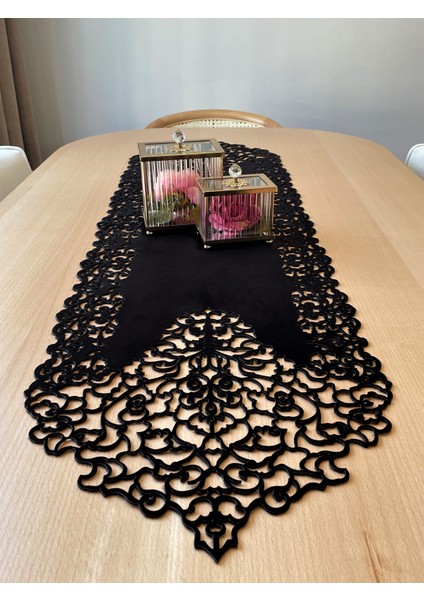 Siyah Kadife Kumaş Ince Kesim Runner Sehpa Boyu 40X100CM