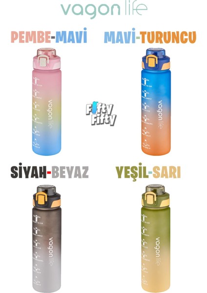 1 lt Çift Renk Motivasyon Su Matarası Çift Kullanım Pipetli ve Rahat Içim