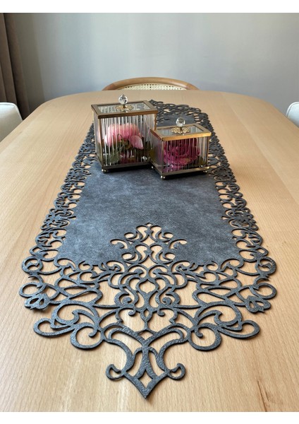 Koyu Gri Süet Kumaş Runner Sehpa Boyu 40X100 Cm