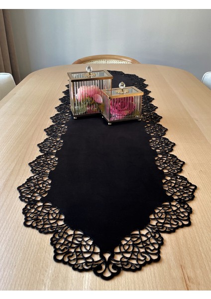 Siyah Kadife Kumaş Runner Sehpa Boyu 40X100 Cm