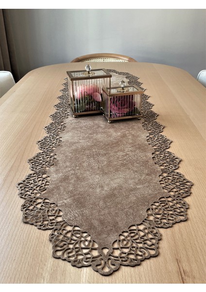 Sütlü Kahverengi Süet Kumaş Runner Sehpa Boyu 40X100 Cm
