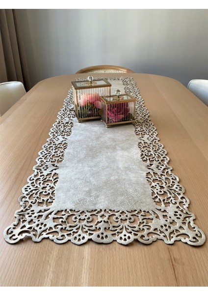 Bej (Koyu Krem) Süet Kumaş Runner Dikdörtgen Masa Boyu 40X140CM