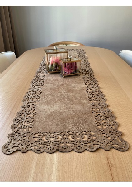 Sütlü Kahverengi Süet Kumaş Runner Dikdörtgen Sehpa Boyu 40X100CM