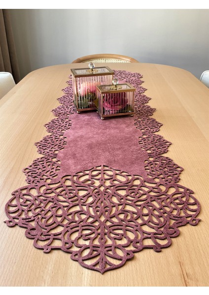 Pembe Süet Kumaş Runner Sehpa Boyu 40X100CM
