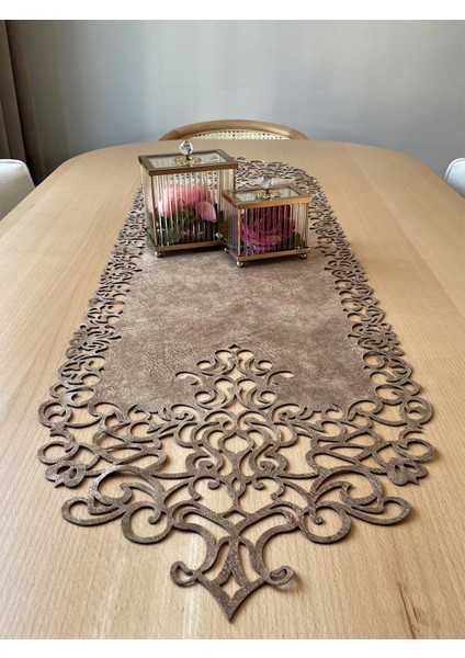 Sütlü Kahverengi Süet Kumaş Runner Masa Boyu 40X140 Cm
