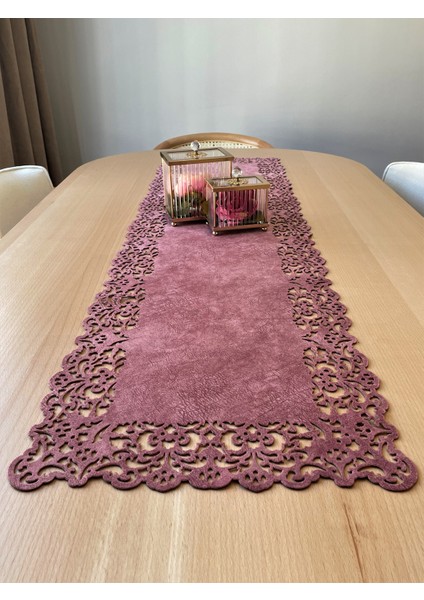 Pembe Süet Kumaş Runner Dikdörtgen Sehpa Boyu 40X100CM