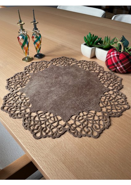 Sütlü Kahverengi Süet Kumaş Yuvarlak Amerikan Servis Supla Takımı 6'Lı 35 x 35 cm