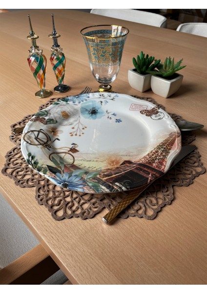 Sütlü Kahverengi Süet Kumaş Yuvarlak Amerikan Servis Supla Takımı 6'Lı 35 x 35 cm fiyatları