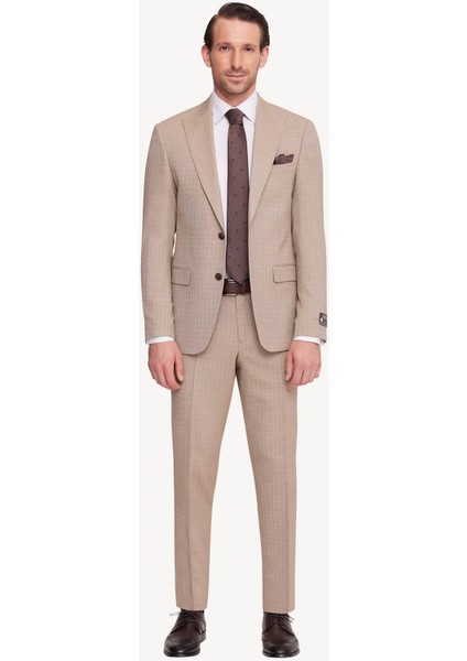 Erkek Bej Slim Fit Sivri Yaka Takım Elbise
