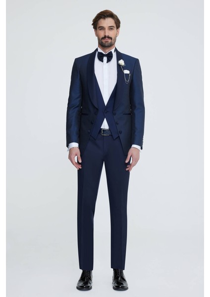 Erkek Lacivert Yelekli Slim Fit Damatlık