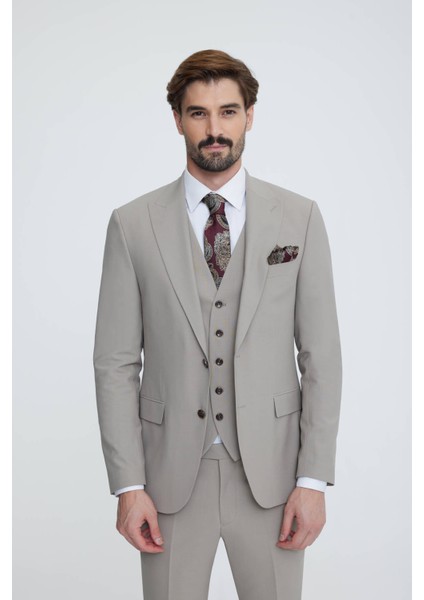 Erkek Bej Sivri Yaka Slim Fit Yelekli Takım Elbise modelleri