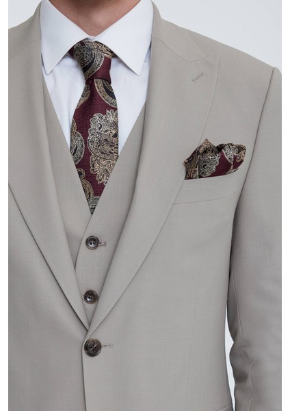 Erkek Bej Sivri Yaka Slim Fit Yelekli Takım Elbise fırsatları