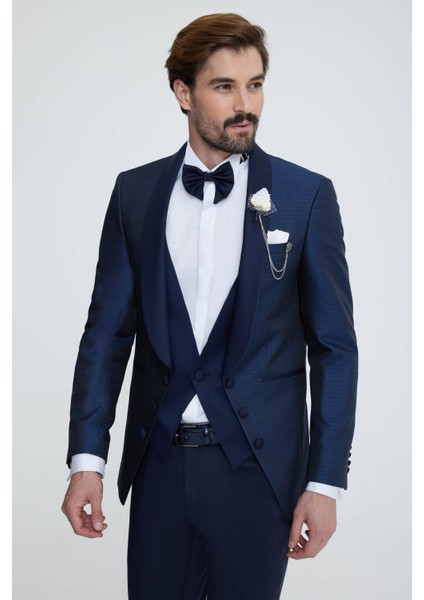 Erkek Lacivert Yelekli Slim Fit Damatlık