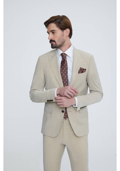 Erkek Bej Slim Fit Sivri Yaka Takım Elbise modelleri