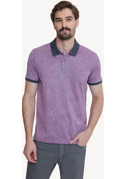 Erkek Fuşya Pembe Polo Yaka Pamuklu Desenli T-shirt