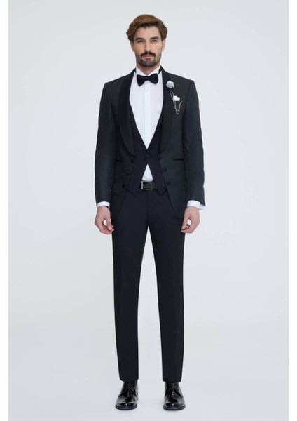 Erkek Siyah Yelekli Şal Yaka Slim Fit Damatlık