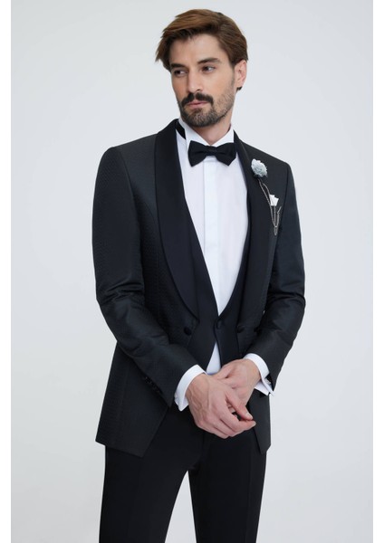 Erkek Siyah Yelekli Şal Yaka Slim Fit Damatlık fiyatları
