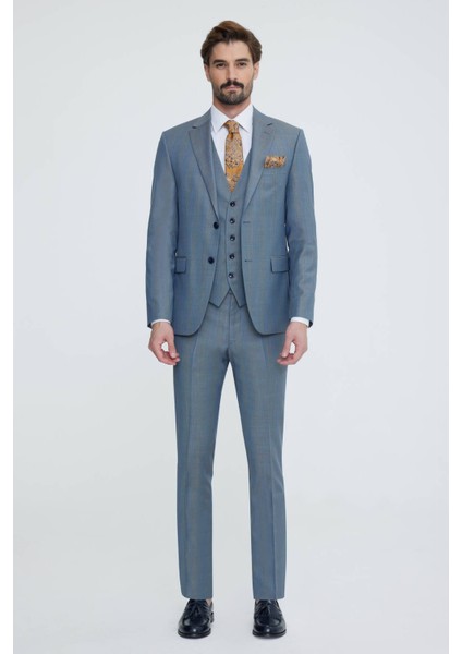 Erkek Gri Mavi Slim Fit Yelekli Takım Elbise