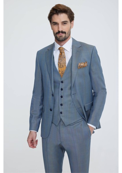 Erkek Gri Mavi Slim Fit Yelekli Takım Elbise fiyatları