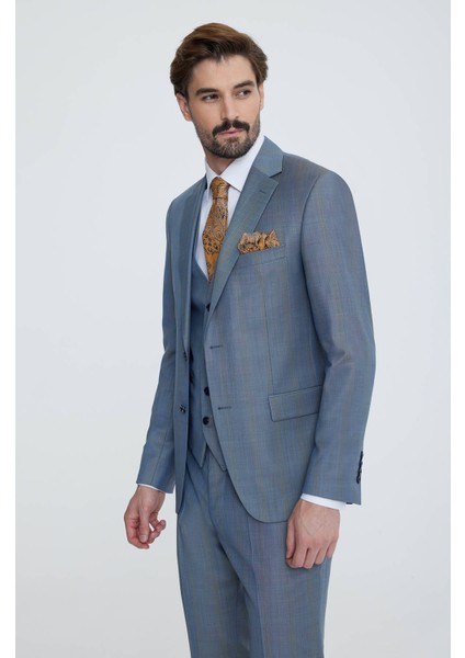 Erkek Gri Mavi Slim Fit Yelekli Takım Elbise modelleri