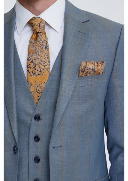 Erkek Gri Mavi Slim Fit Yelekli Takım Elbise fırsatları