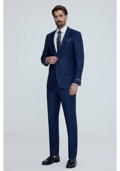 Erkek Lacivert Yeşil Regular Fit Kareli Desenli Takım Elbise