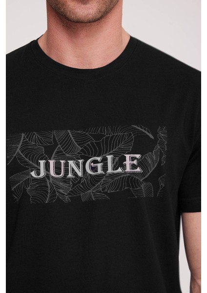 Erkek Siyah Bisiklet Yaka Desenli T-Shirt indirimleri