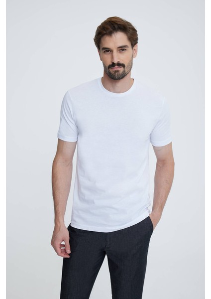 Erkek Beyaz Bisiklet Yaka T-shirt